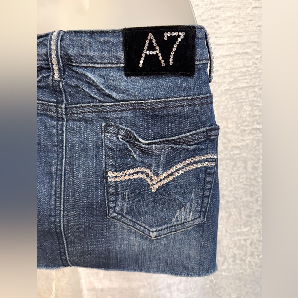 A7 Rhinestone Bling Denim Mini Skirt M Destroyed Ripped 7 For All Mankind - Picture 10 of 14